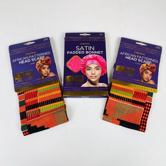 Donna African Patterned Head Scarves 13"x60" & Satin Padded Bonnet Set (3-Pack) - Picture 4 of 6